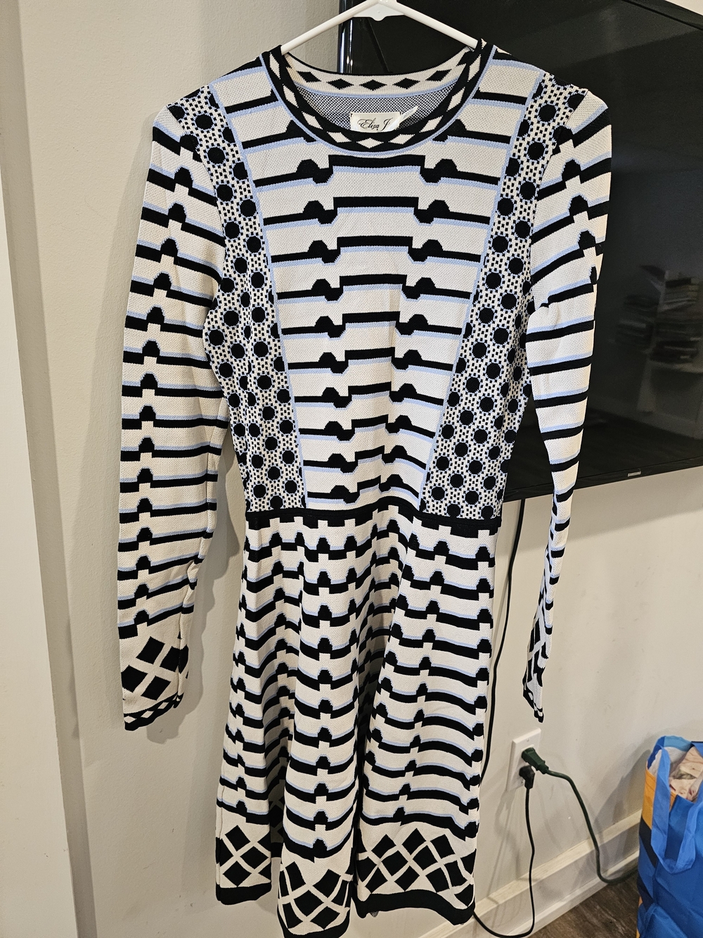 Eliza J Black and White Striped Knit Fit-and-Flare Dress